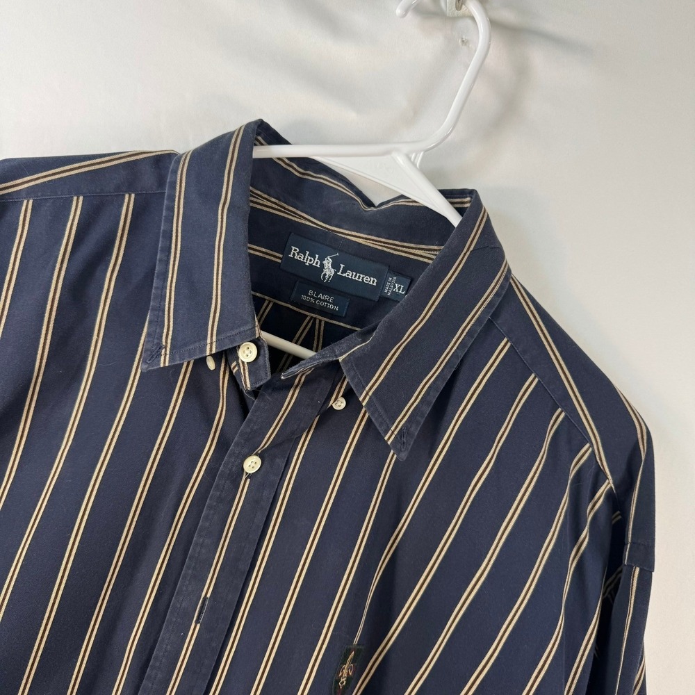 Ralph Lauren Blaire Shirt Mens XL Navy Blue Tan Striped Cotton Crest Button Down